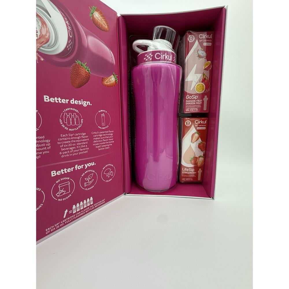 Cirkul Starter Kit 32 oz Stainless Steel Bottle Pink Comfort Grip Lid 2 Flavor